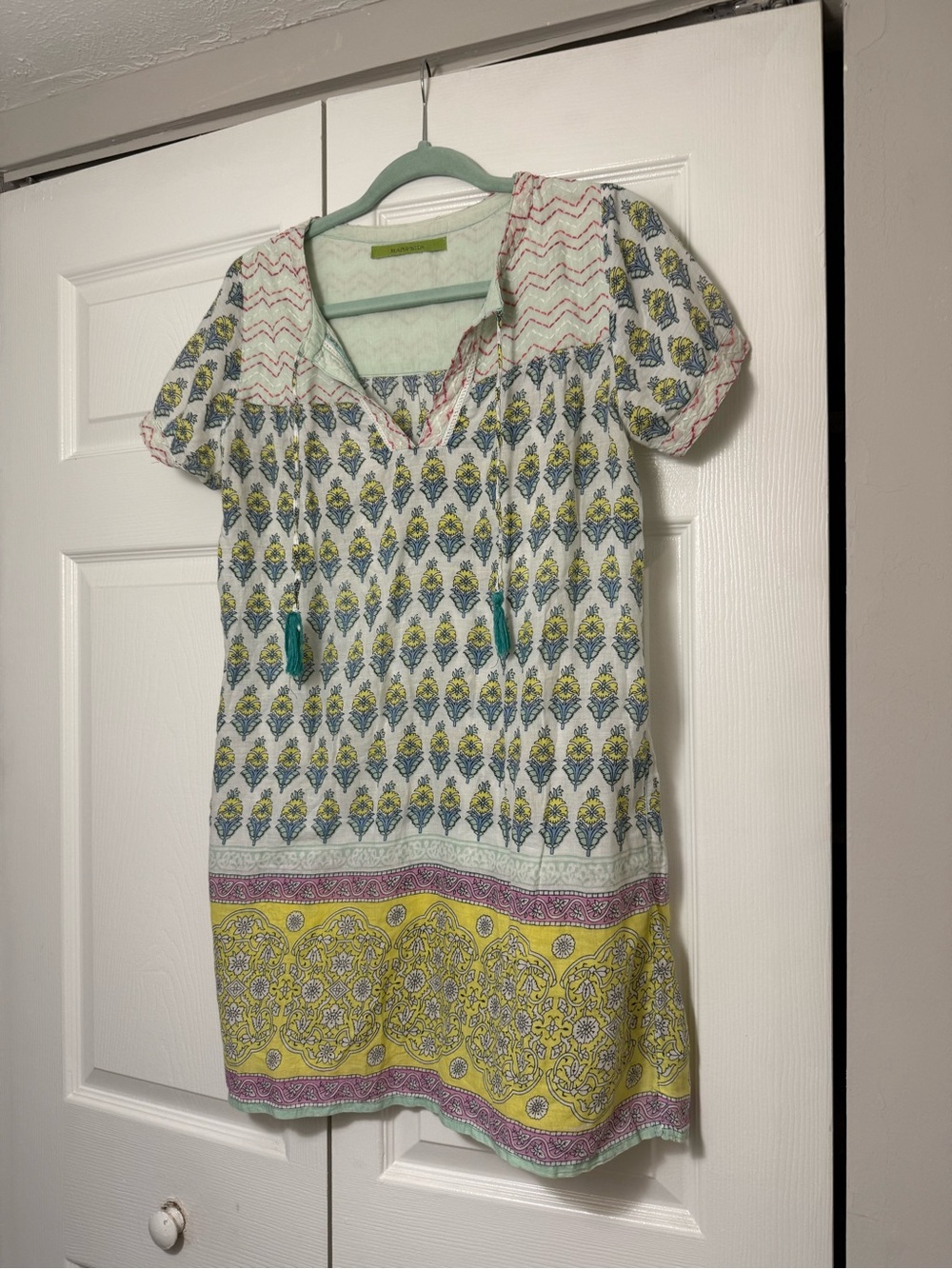 White Floral-Print Mini Dress with Yellow Border